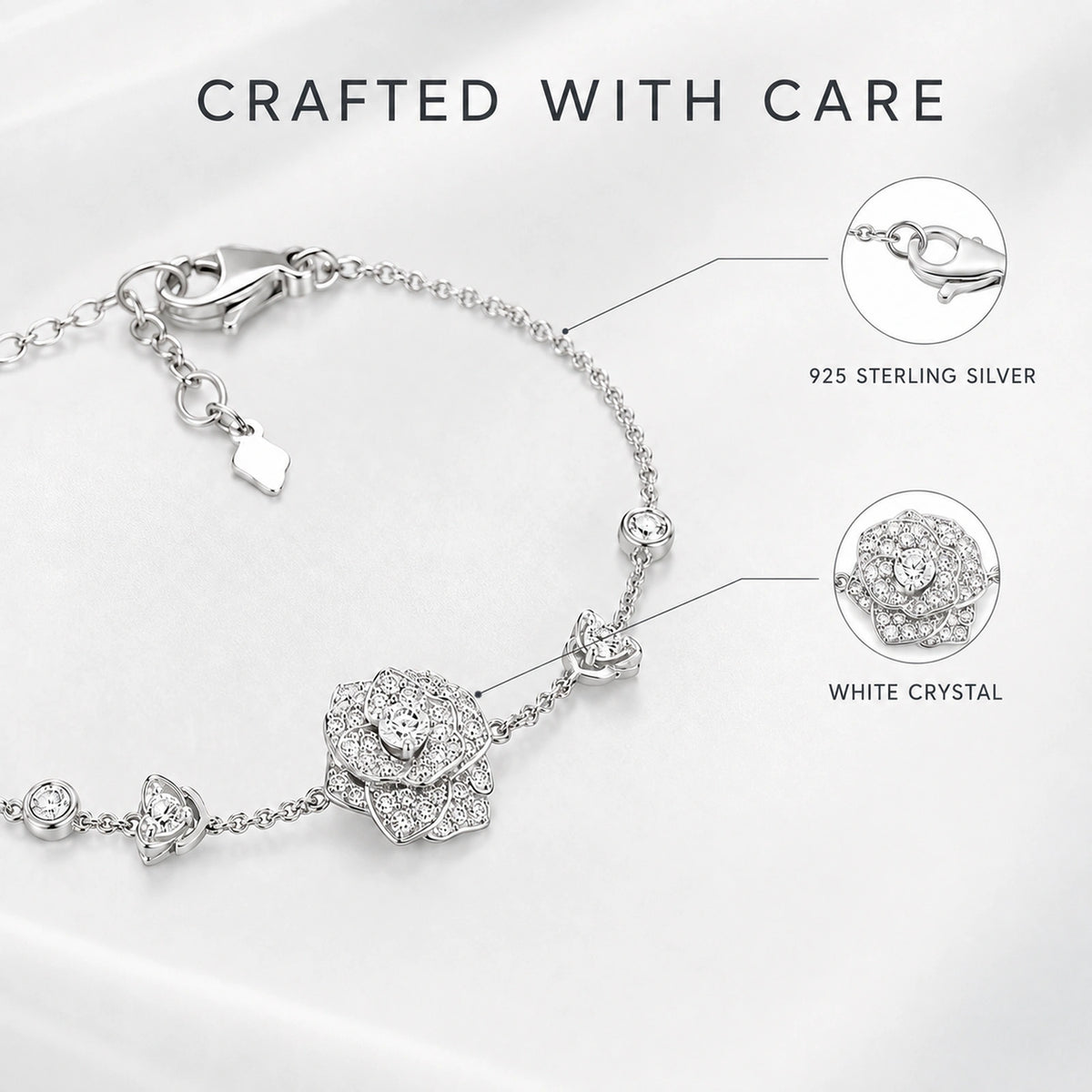 Material graphic showing 925 sterling silver and white crystal details