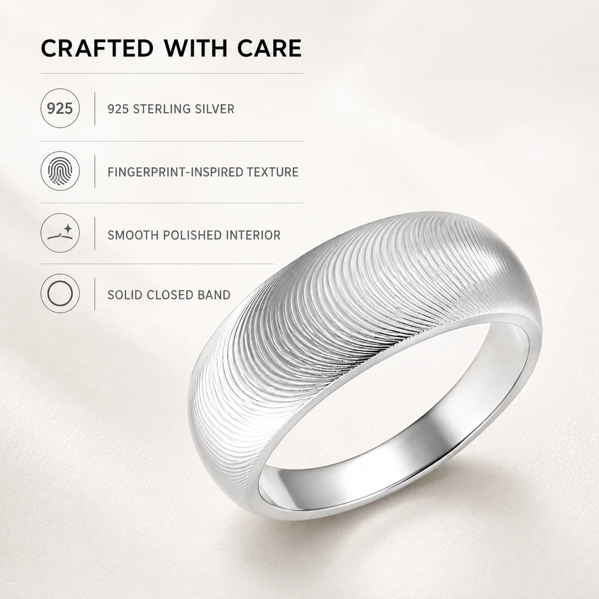 925 sterling silver fingerprint-inspired ring construction details