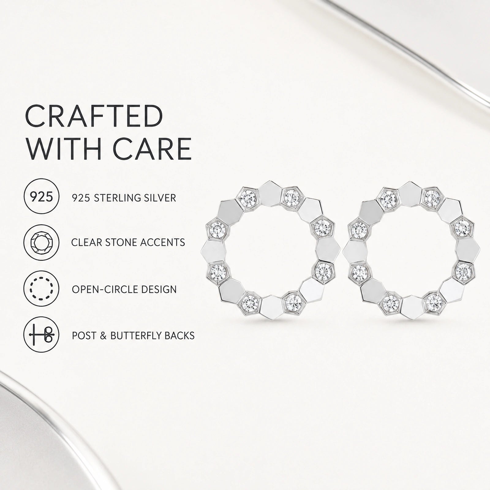 Material infographic showing 925 sterling silver, clear stone accents and butterfly backs