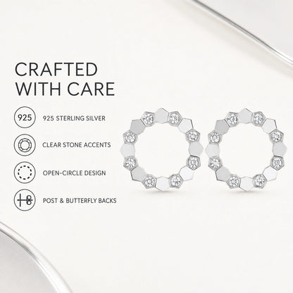 Material infographic showing 925 sterling silver, clear stone accents and butterfly backs
