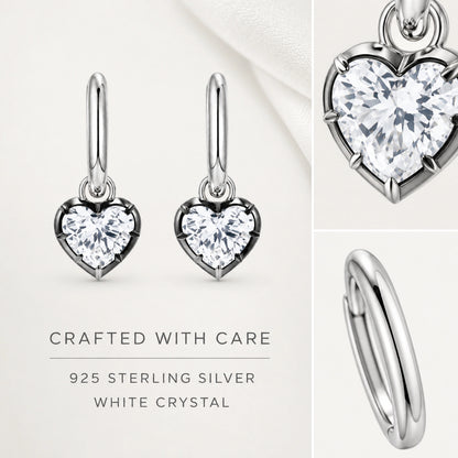 925 sterling silver and white crystal heart earring material details