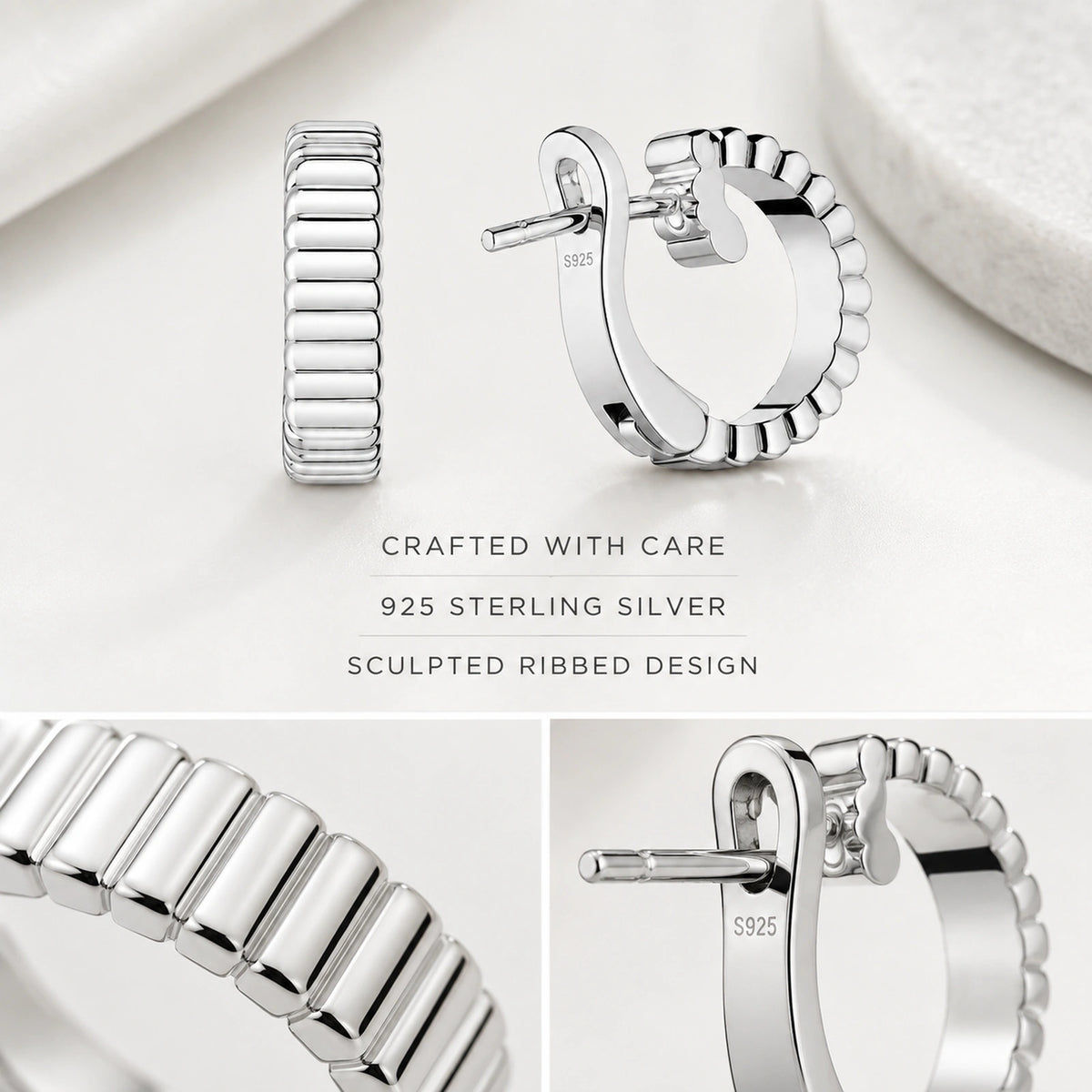 925 sterling silver material and sculpted ribbed earring design