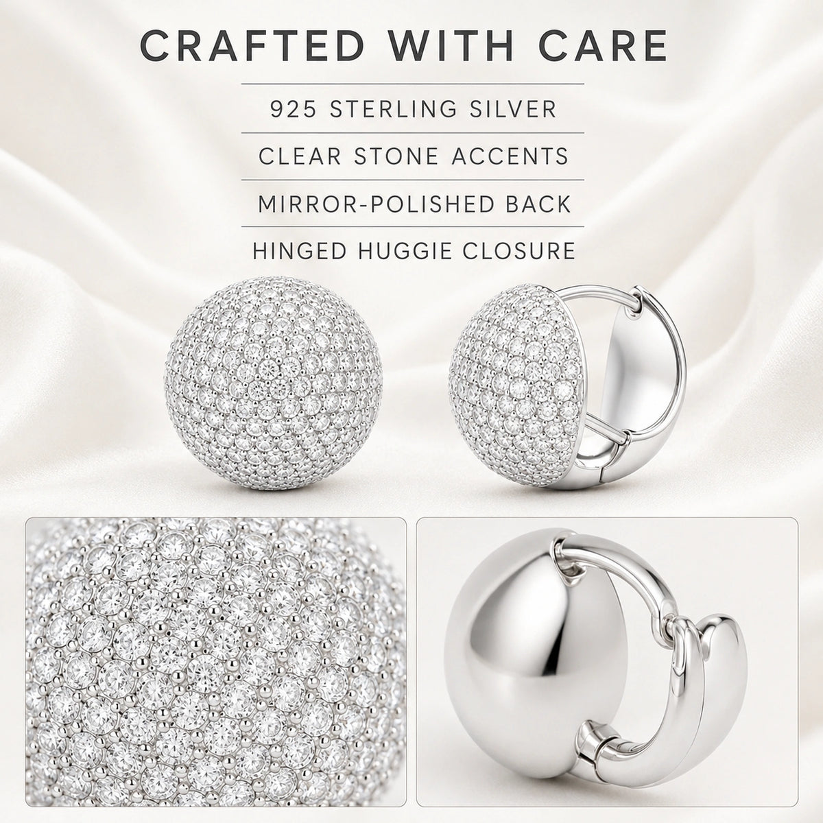 Material infographic showing 925 sterling silver, clear stone accents and polished backs