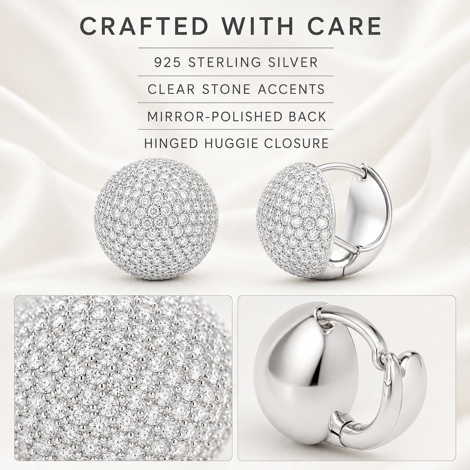 Material infographic showing 925 sterling silver, clear stone accents and polished backs