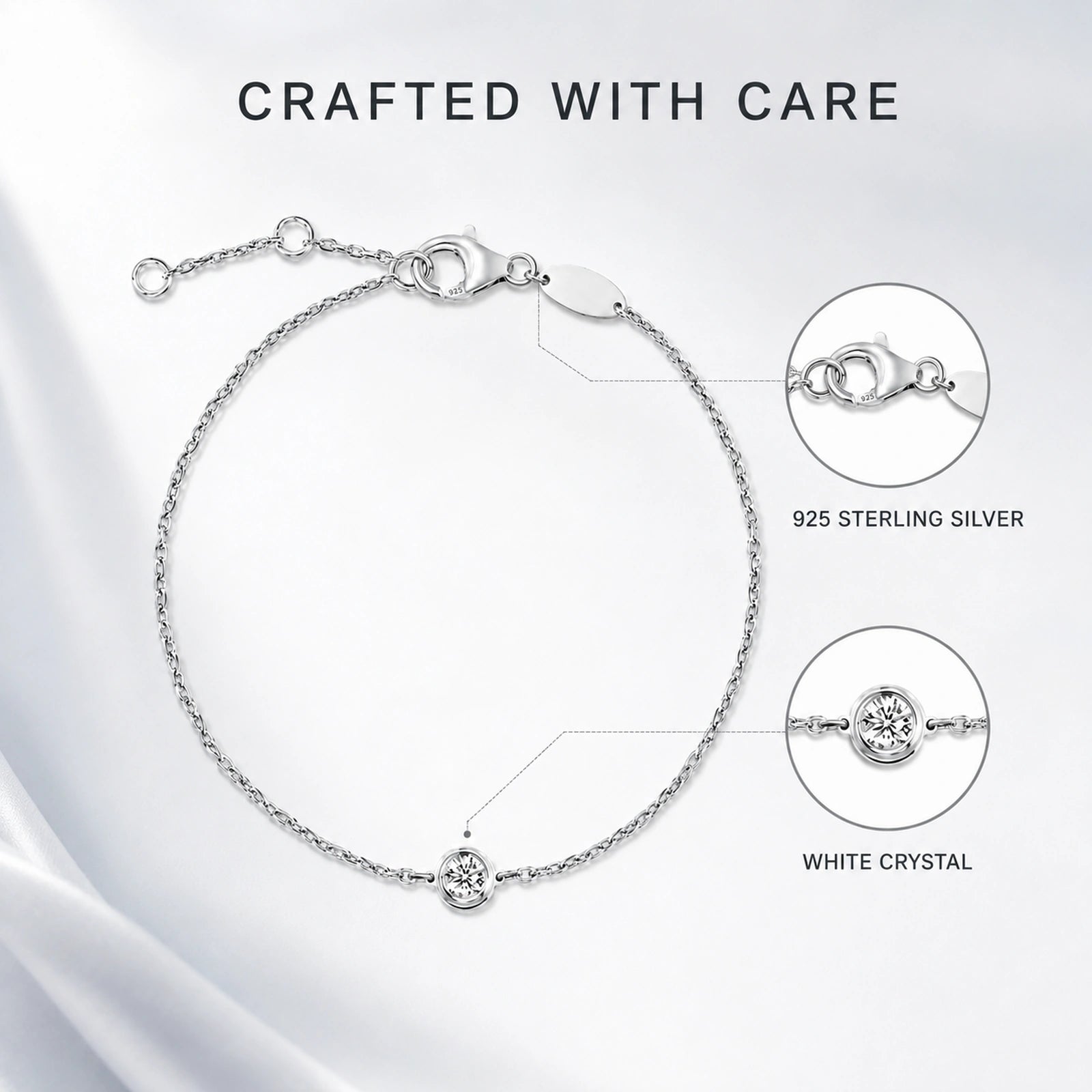 925 sterling silver and white crystal bracelet material details