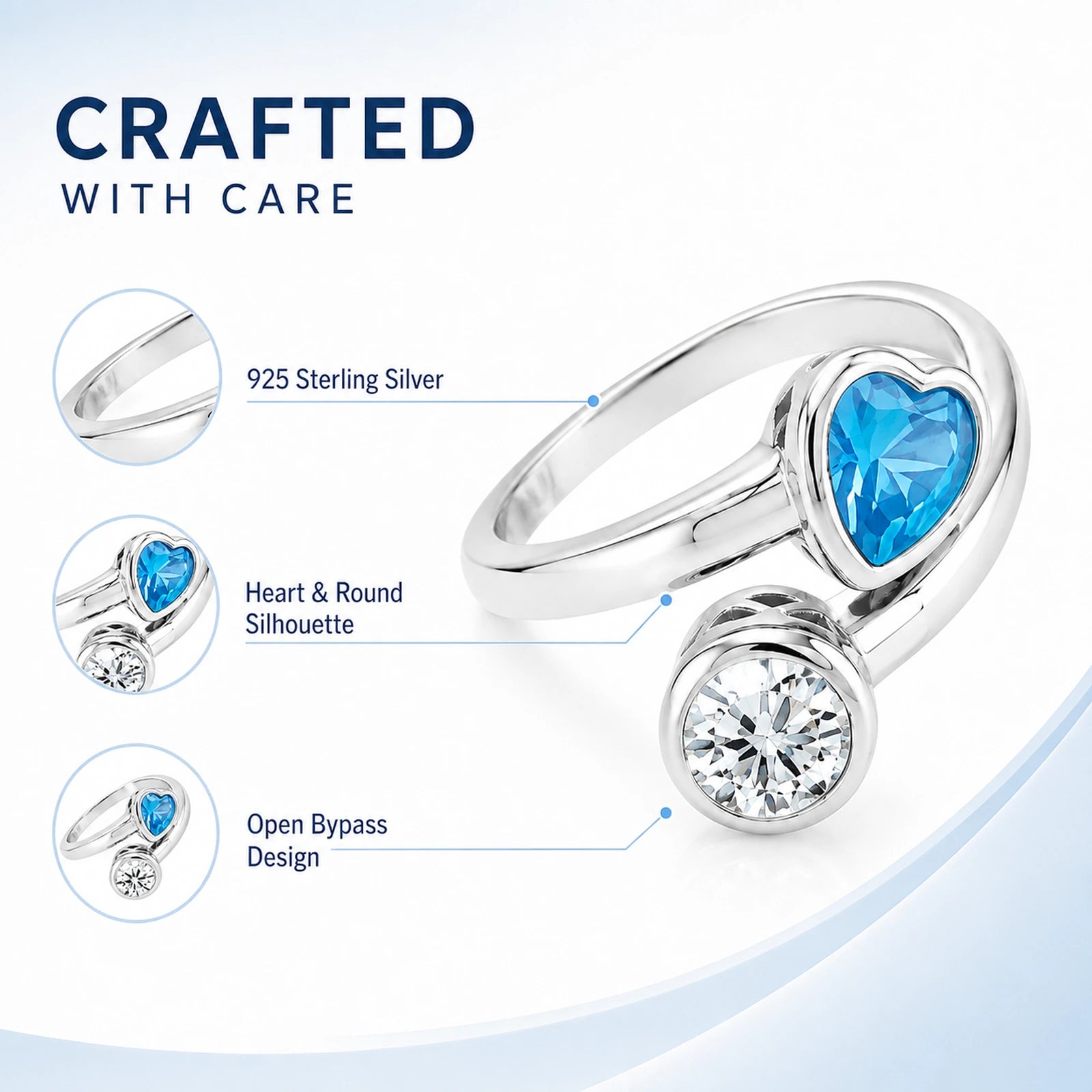 925 sterling silver blue heart bypass ring material and design graphic