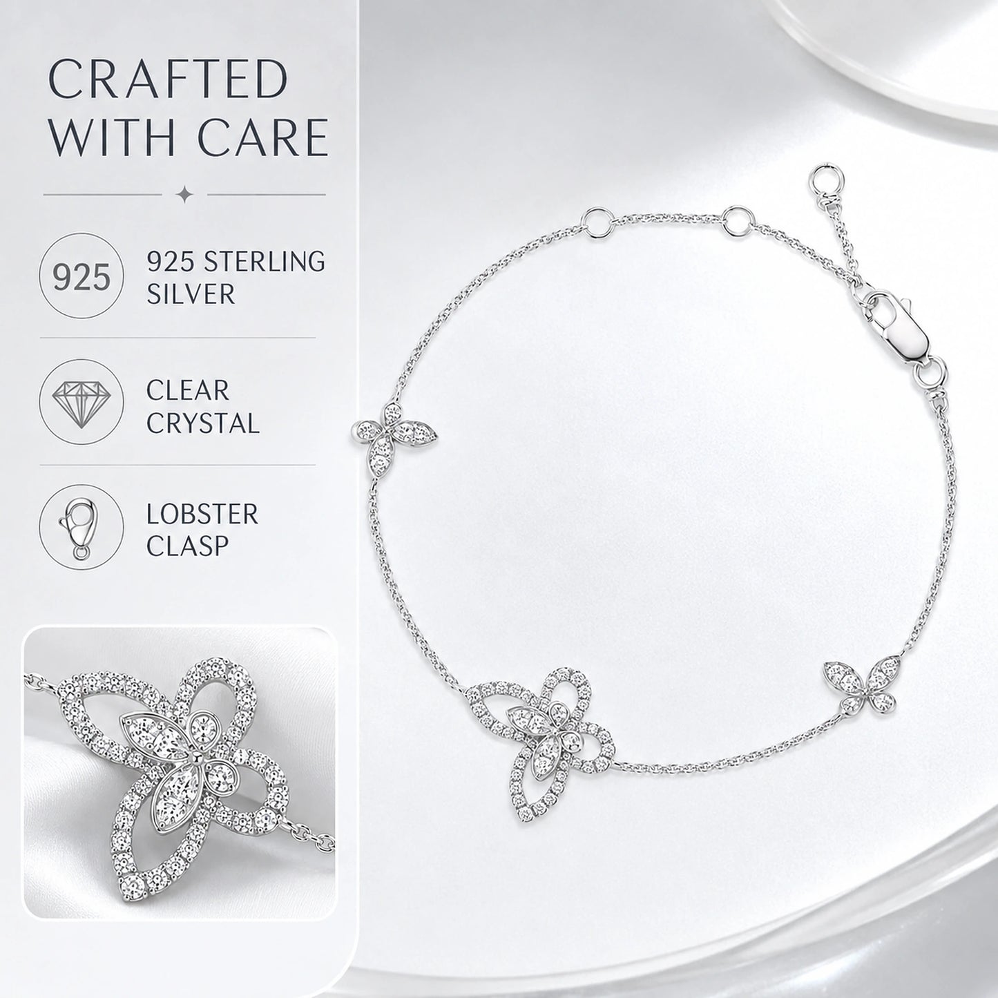 925 sterling silver crystal butterfly bracelet material and clasp infographic