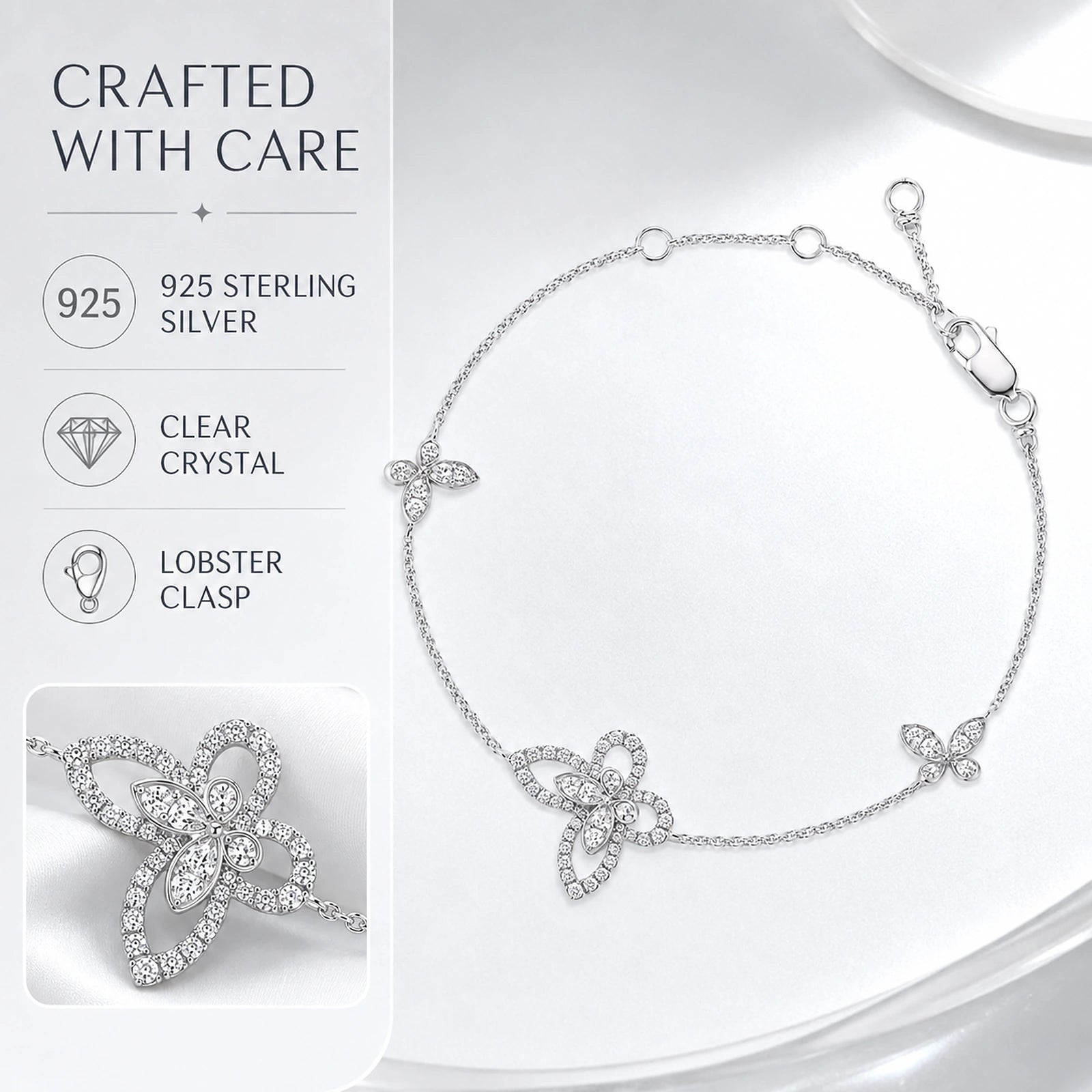 925 sterling silver crystal butterfly bracelet material and clasp infographic