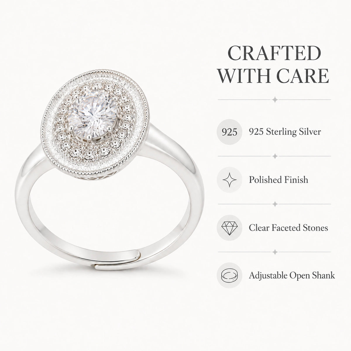 925 sterling silver oval halo ring material and construction graphic