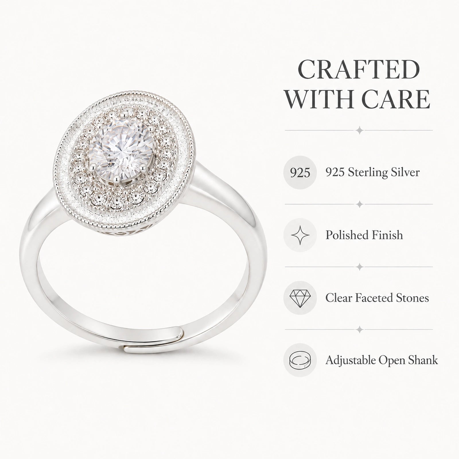 925 sterling silver oval halo ring material and construction graphic