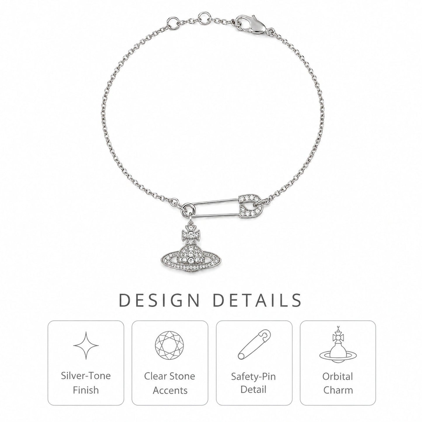 Design details of a silver-tone safety pin bracelet with clear stone accents and an orbital charm.