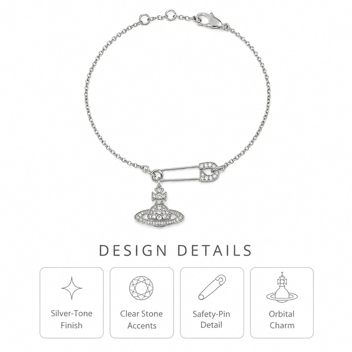 Design details of a silver-tone safety pin bracelet with clear stone accents and an orbital charm.