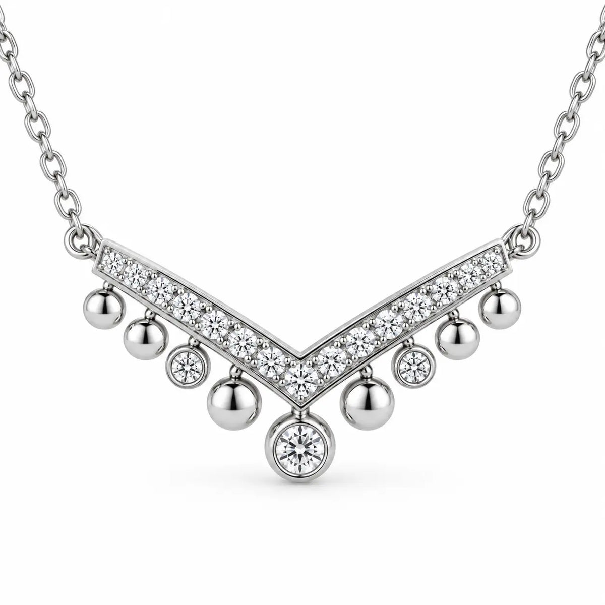 Close-up of the crystal-set V bar and nine graduated round drops.