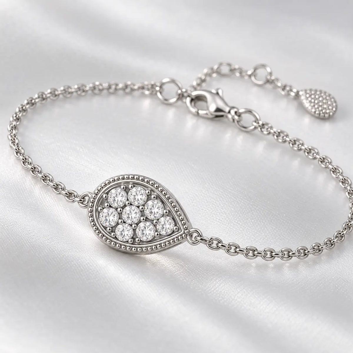 Close-up of the crystal cluster and stone-free beaded silver teardrop border.