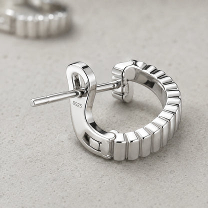 Close-up of polished ribs, post, latch, and S925 earring mark