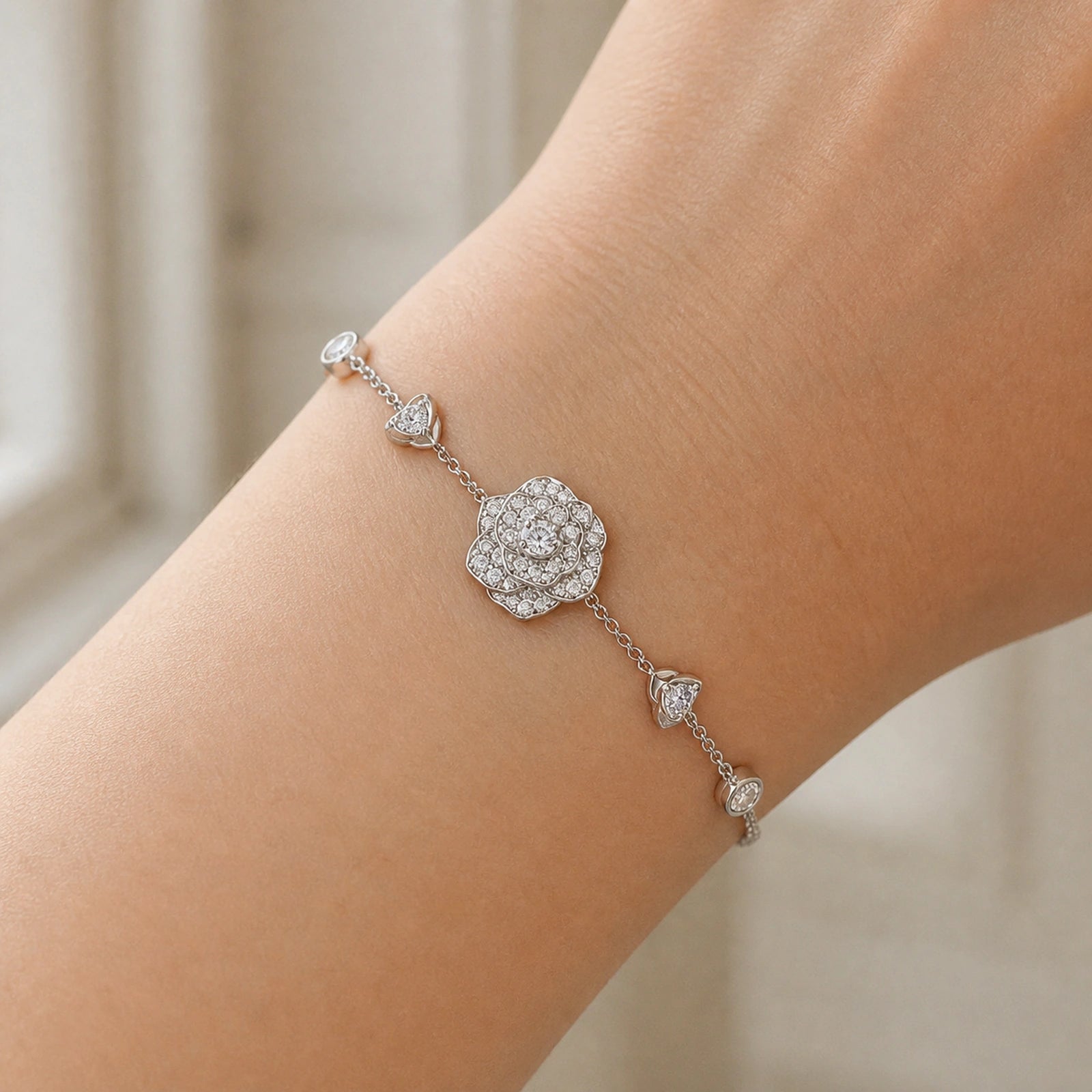 Close wearing view of 925 sterling silver crystal rose bracelet on wrist