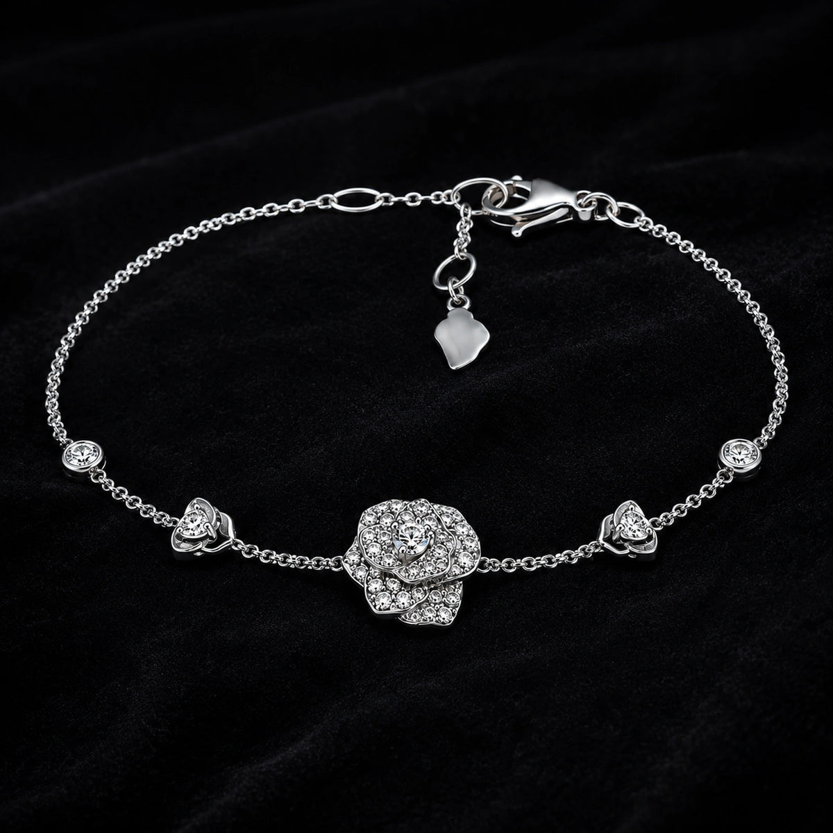 925 sterling silver crystal rose bracelet on a black velvet background