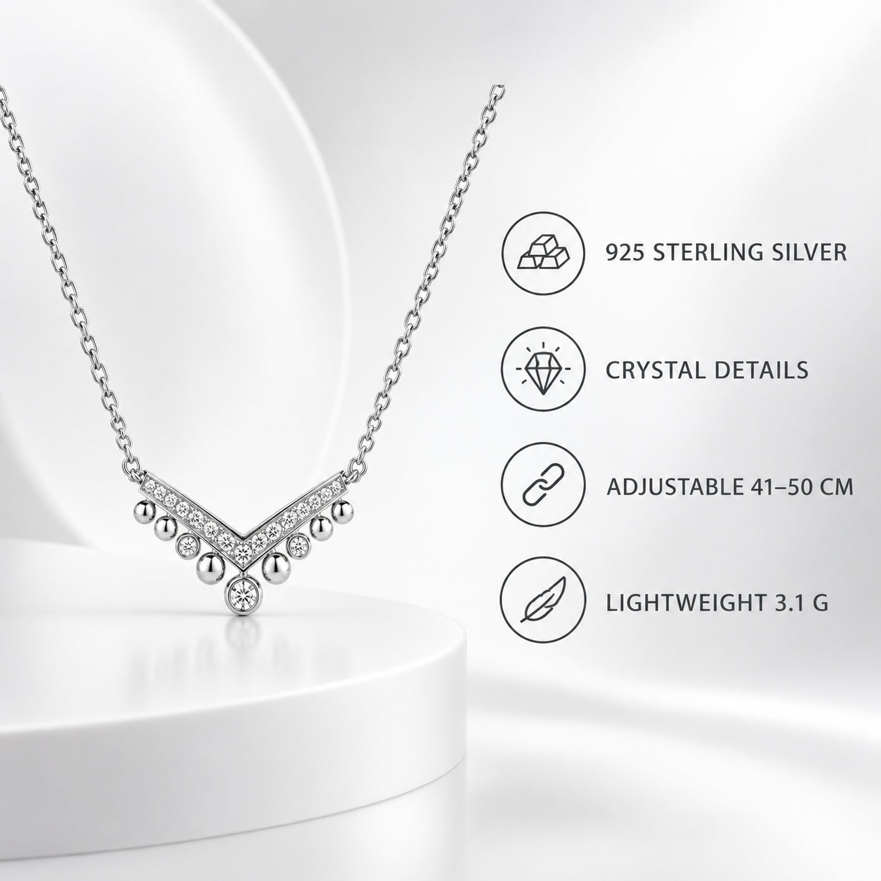 English feature summary for a 925 silver crystal chevron necklace.