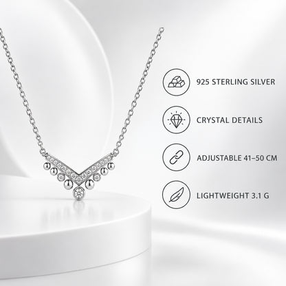 English feature summary for a 925 silver crystal chevron necklace.