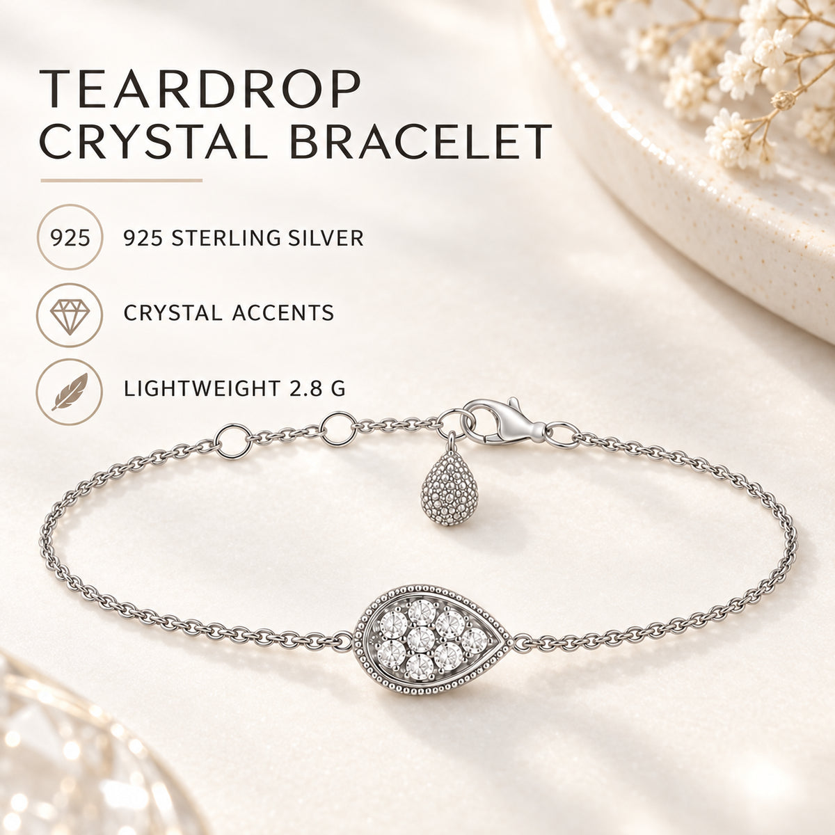 English feature image for a 925 sterling silver crystal teardrop bracelet weighing 2.8 g.