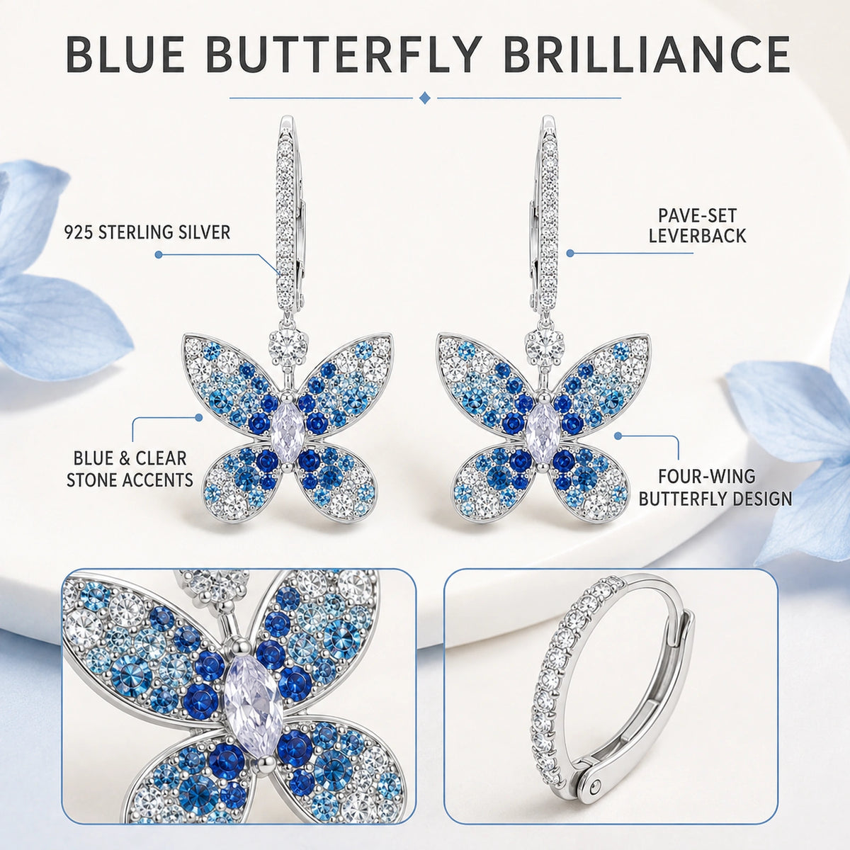 Features infographic for 925 sterling silver blue butterfly leverback earrings