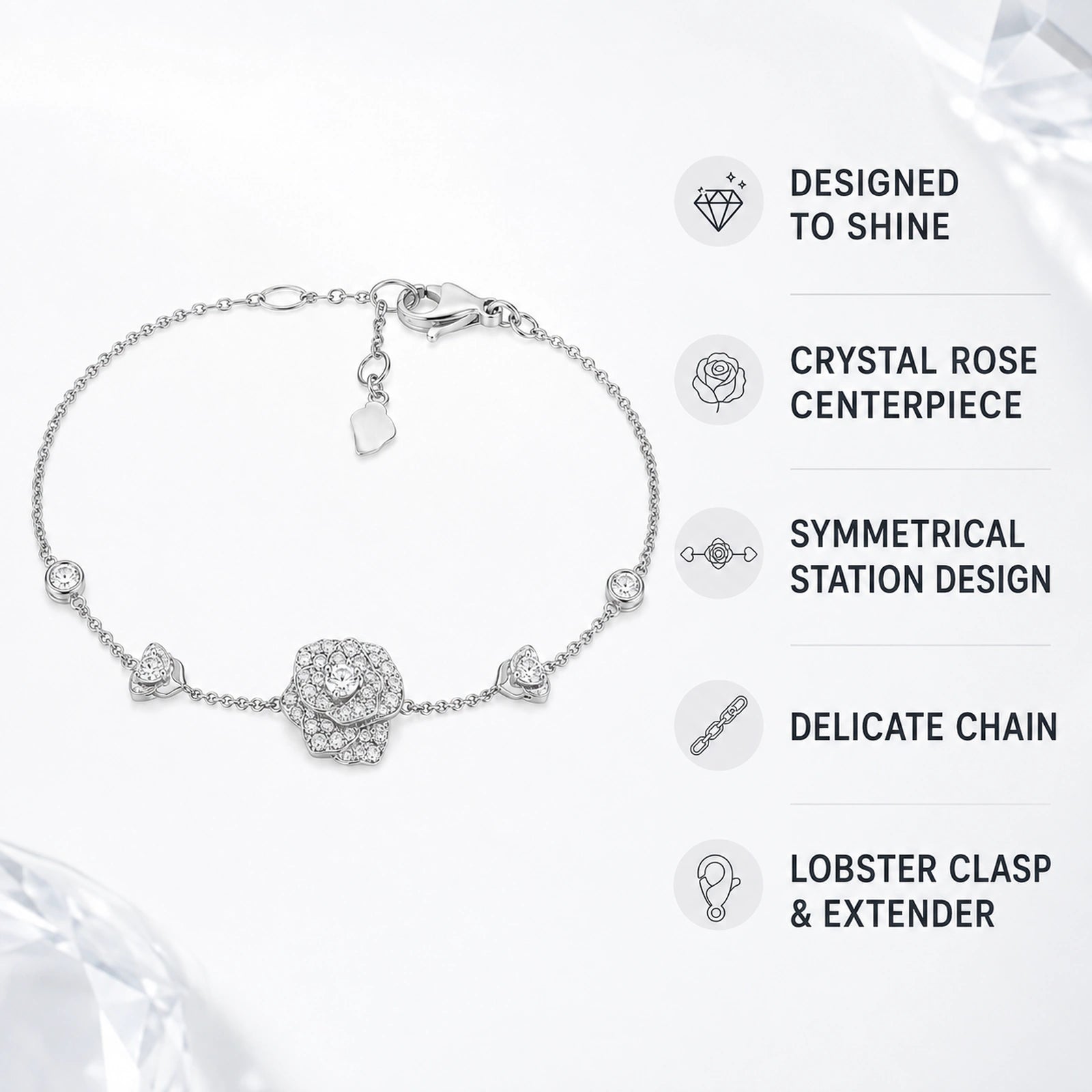 Crystal rose bracelet feature graphic with chain clasp and station details