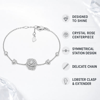 Crystal rose bracelet feature graphic with chain clasp and station details