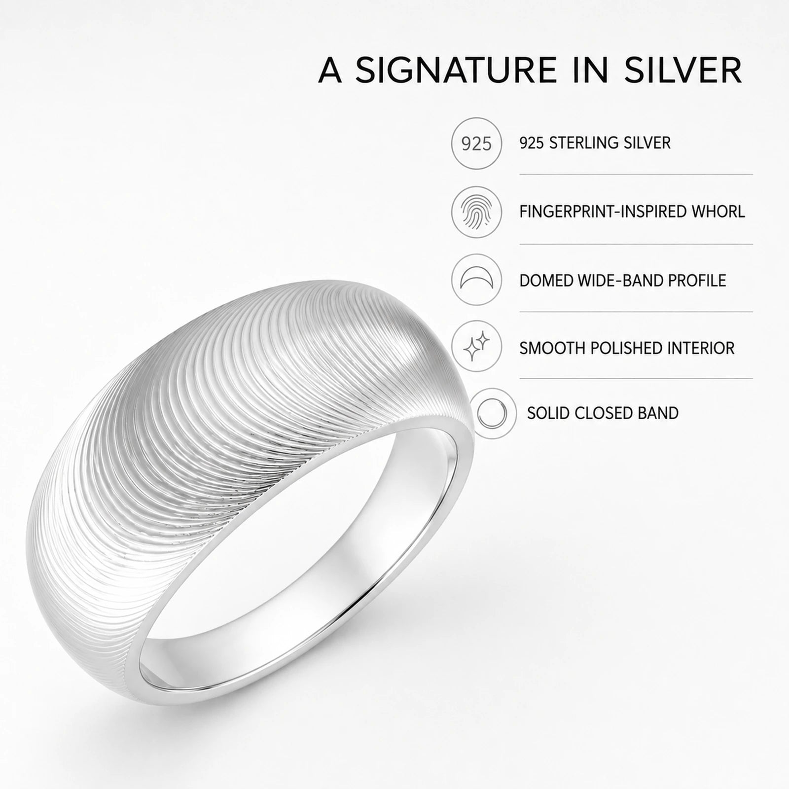 Fingerprint ring features including 925 silver and polished interior