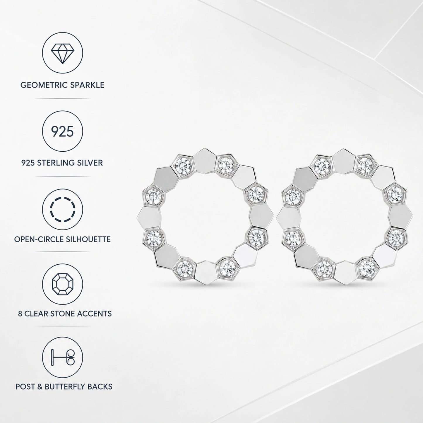 Features infographic for 925 sterling silver geometric open circle stud earrings