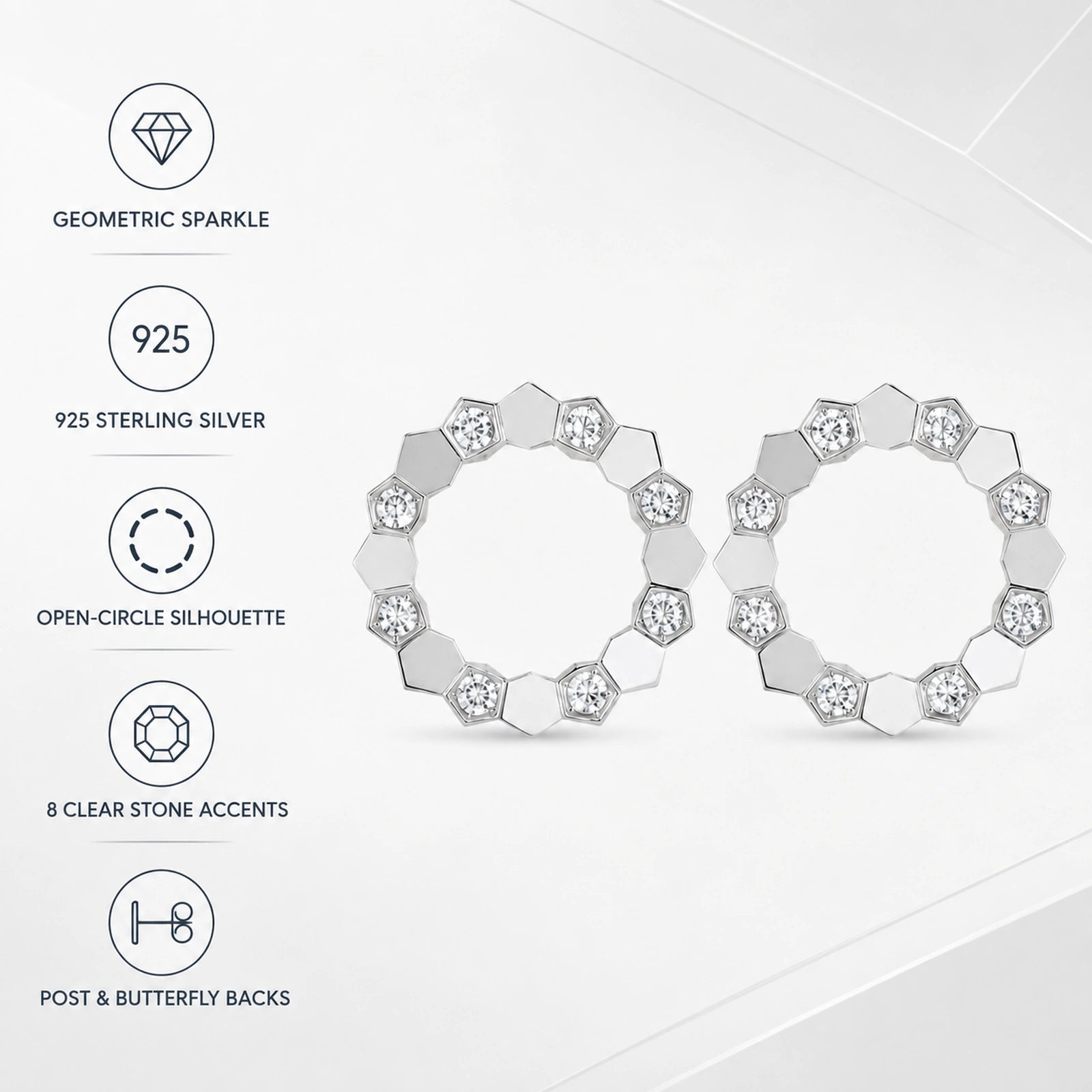 Features infographic for 925 sterling silver geometric open circle stud earrings