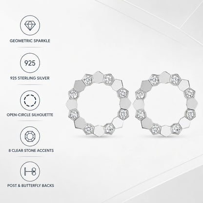 Features infographic for 925 sterling silver geometric open circle stud earrings