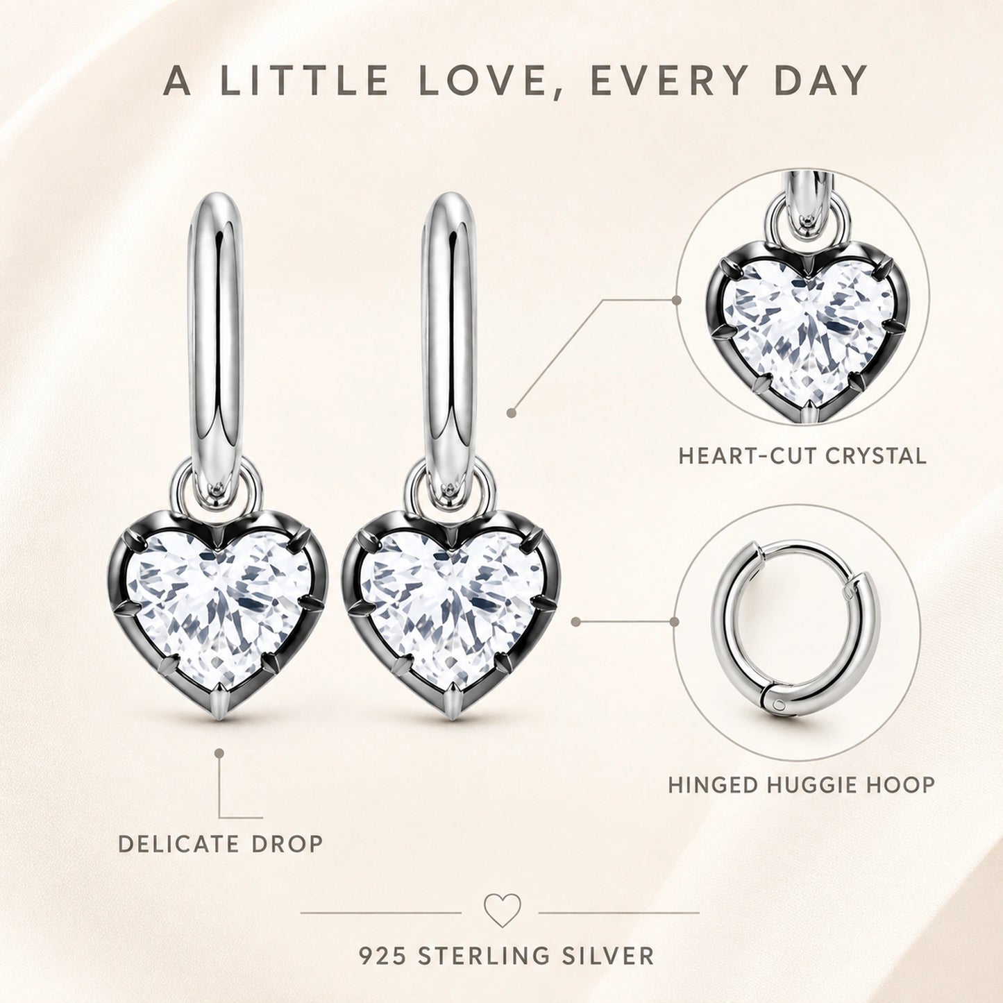 Heart crystal, hinged hoop, delicate drop, and 925 silver features