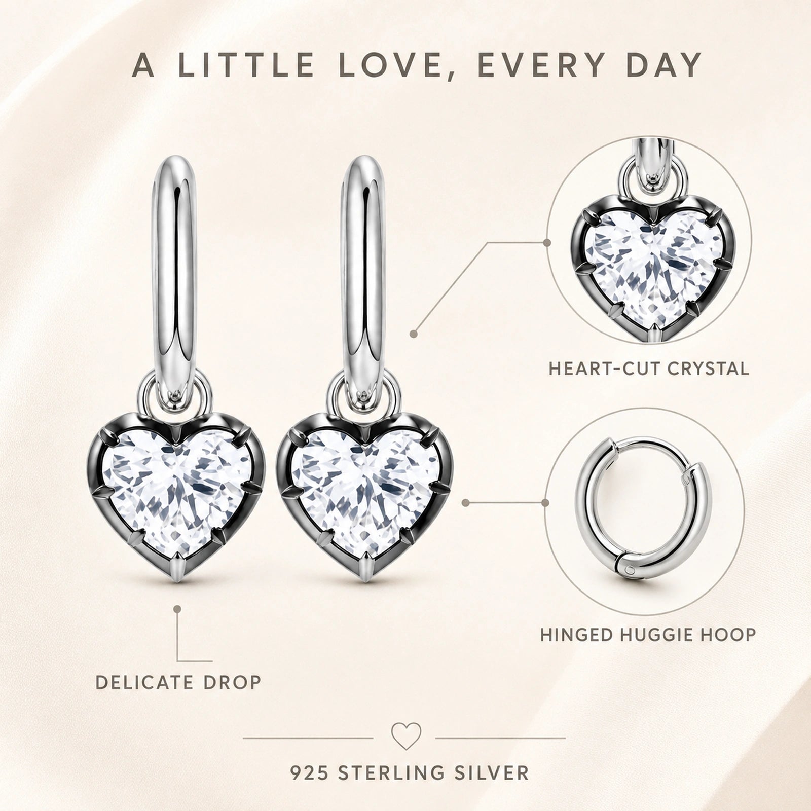 Heart crystal, hinged hoop, delicate drop, and 925 silver features