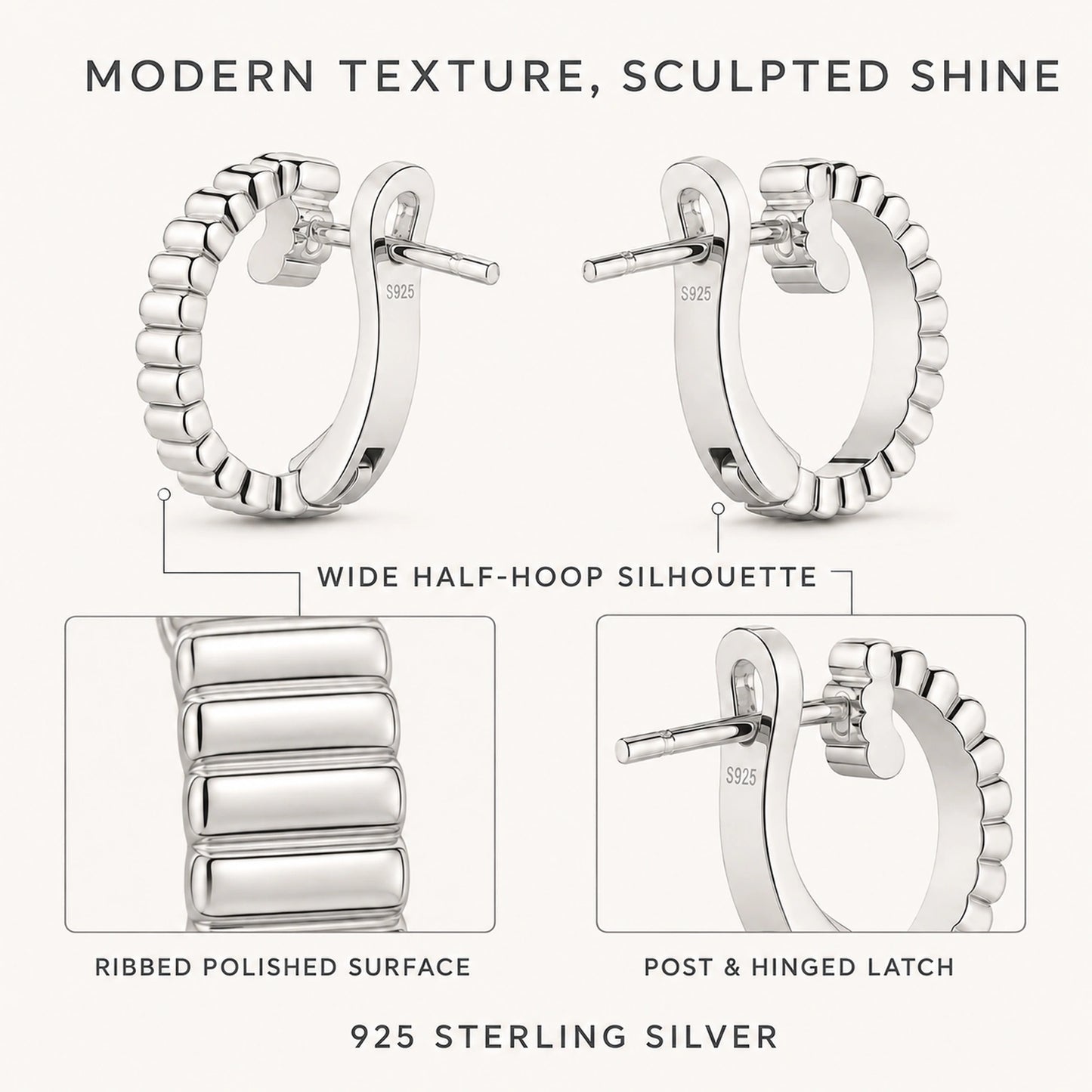 Ribbed surface, wide silhouette, hinged latch, and 925 silver features