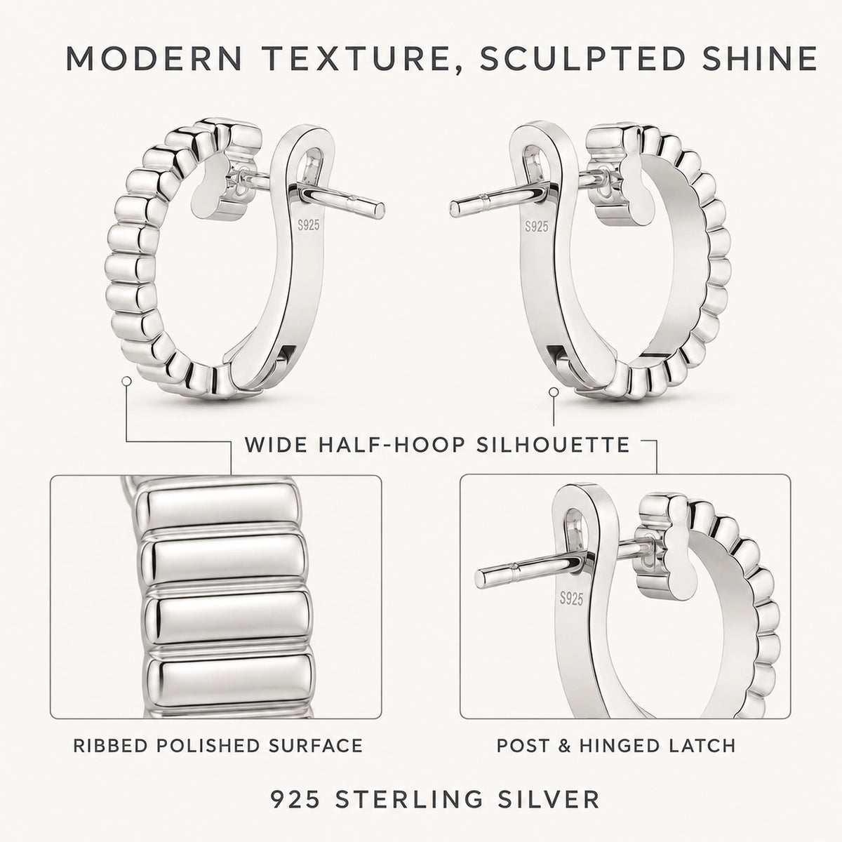 Ribbed surface, wide silhouette, hinged latch, and 925 silver features