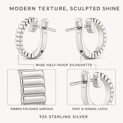 Ribbed surface, wide silhouette, hinged latch, and 925 silver features