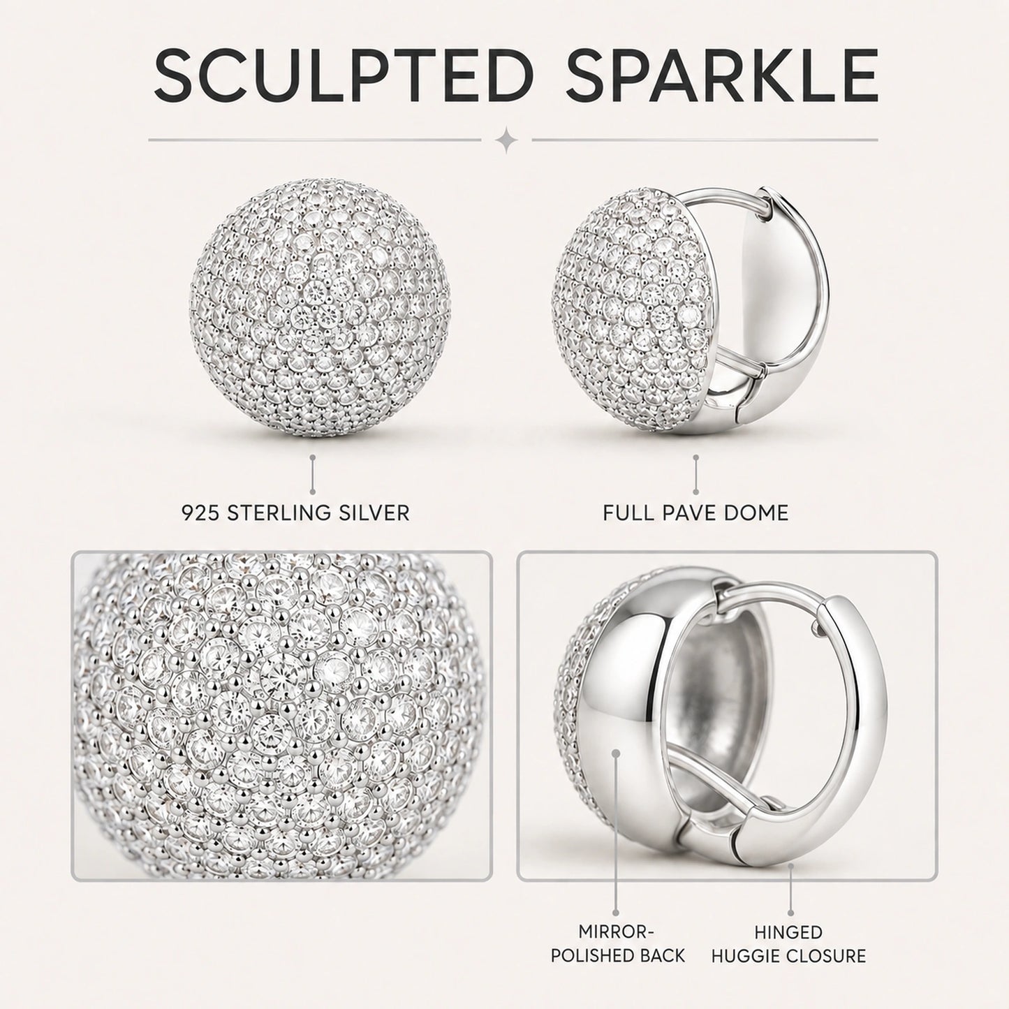 Features infographic for 925 sterling silver round pave dome huggie earrings