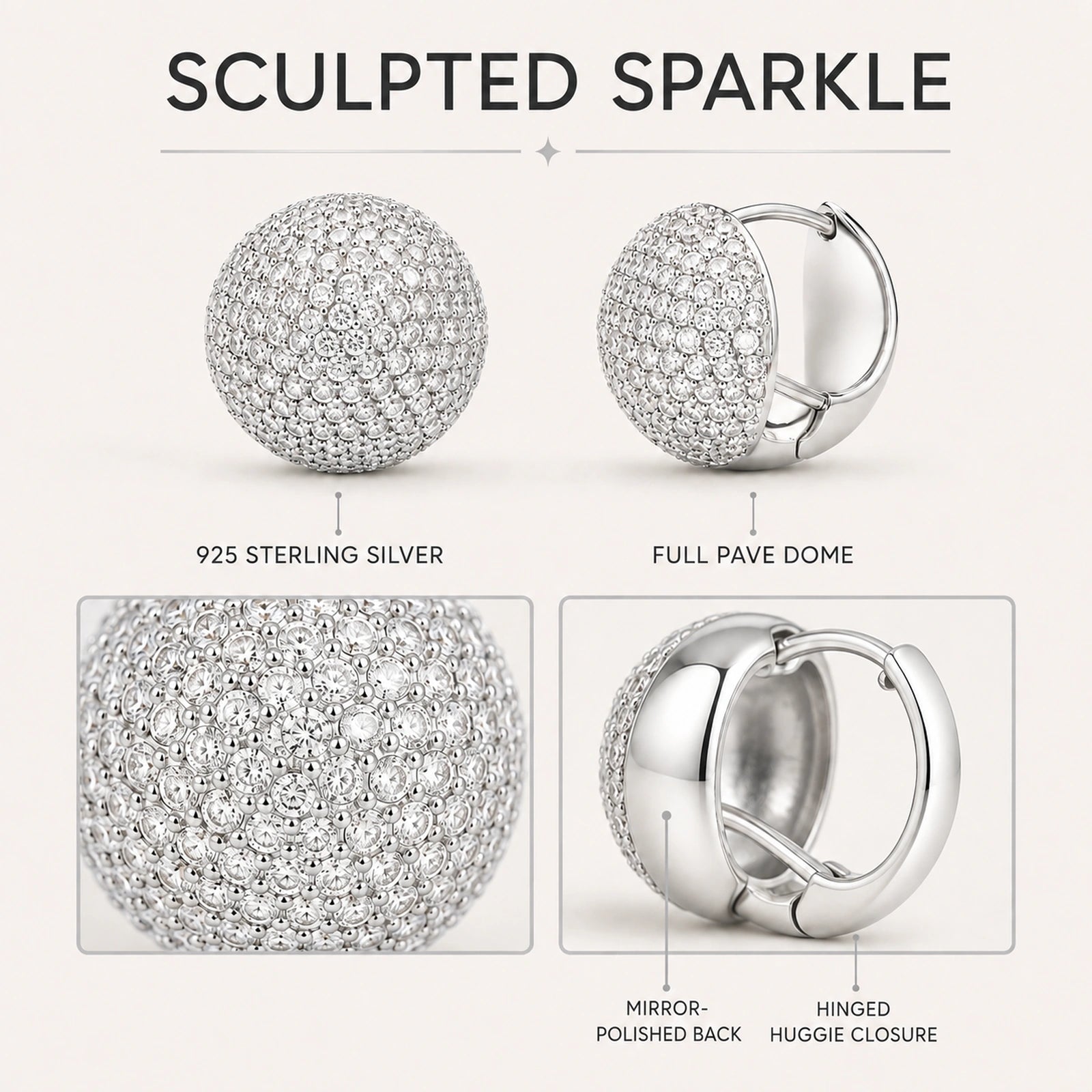 Features infographic for 925 sterling silver round pave dome huggie earrings