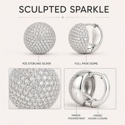 Features infographic for 925 sterling silver round pave dome huggie earrings
