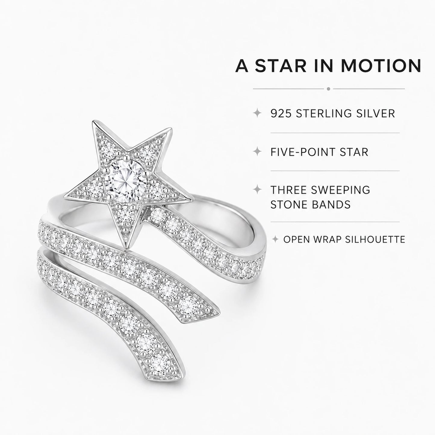 Shooting star ring features including 925 sterling silver and open wrap design
