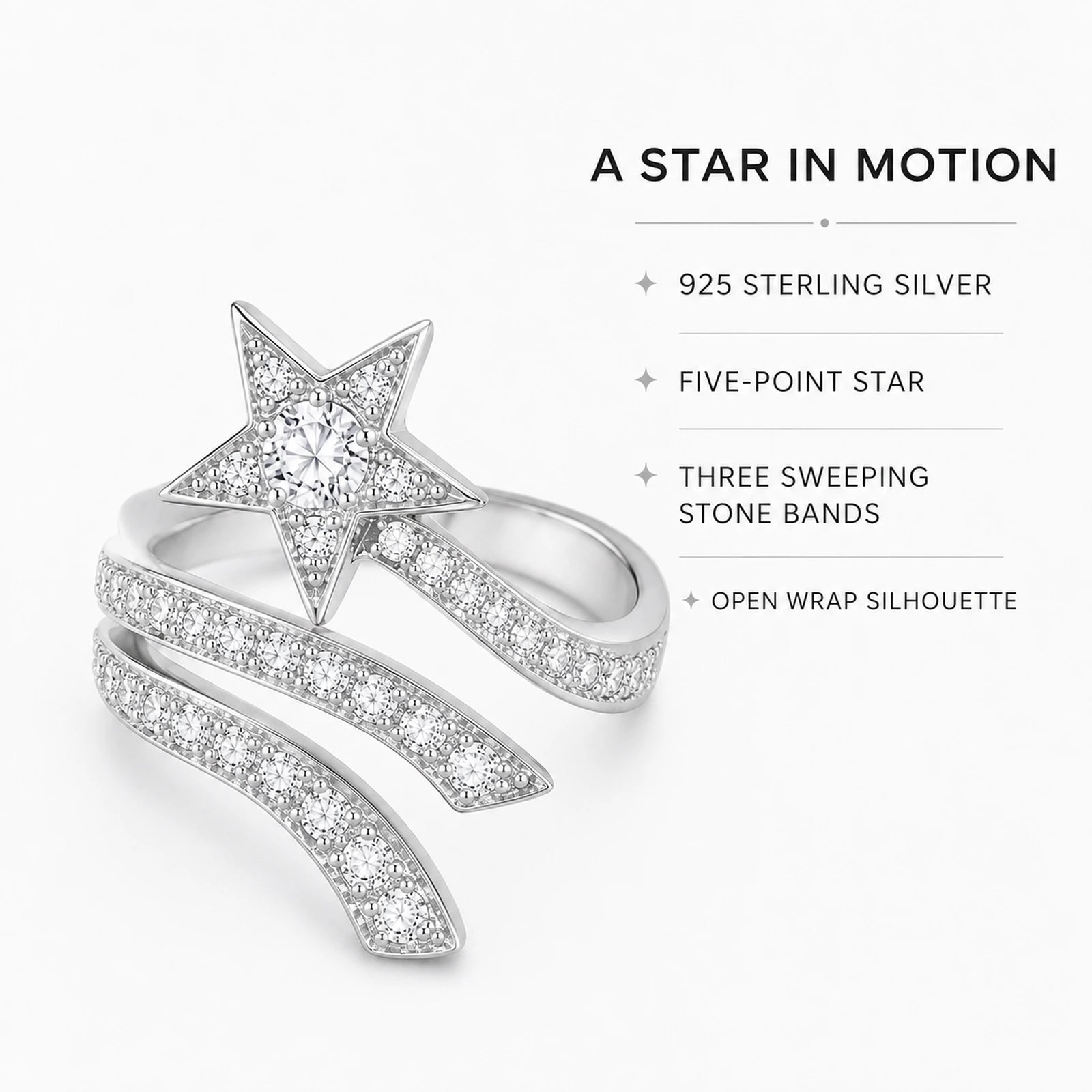 Shooting star ring features including 925 sterling silver and open wrap design