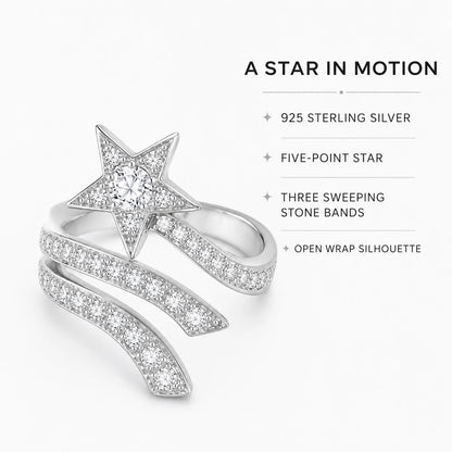 Shooting star ring features including 925 sterling silver and open wrap design