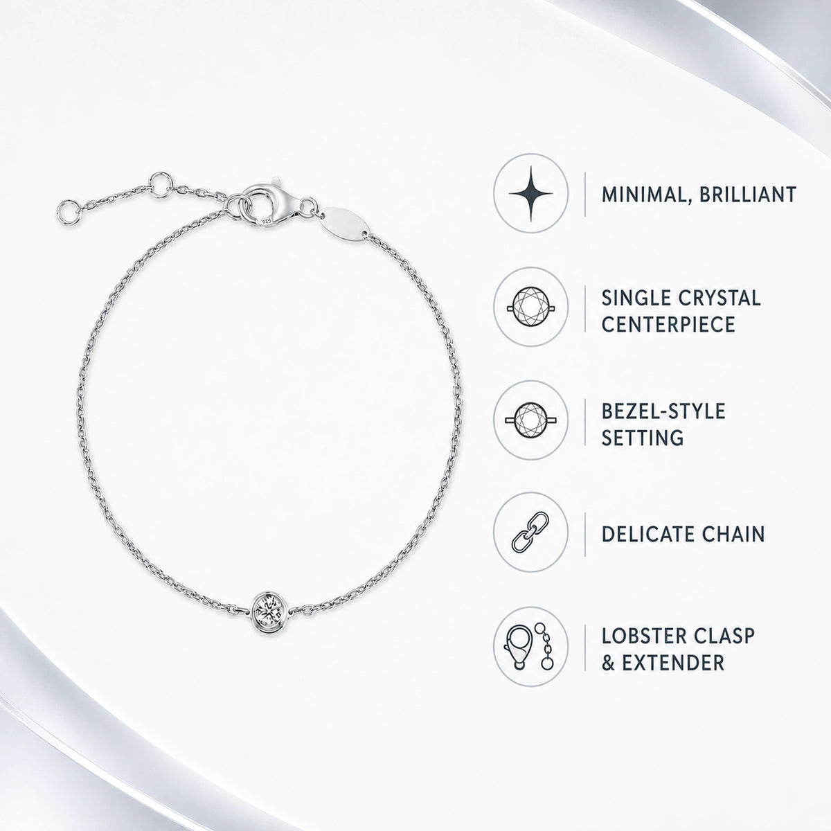 Solitaire crystal bracelet design, chain, clasp, and extender features