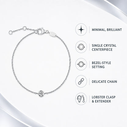 Solitaire crystal bracelet design, chain, clasp, and extender features