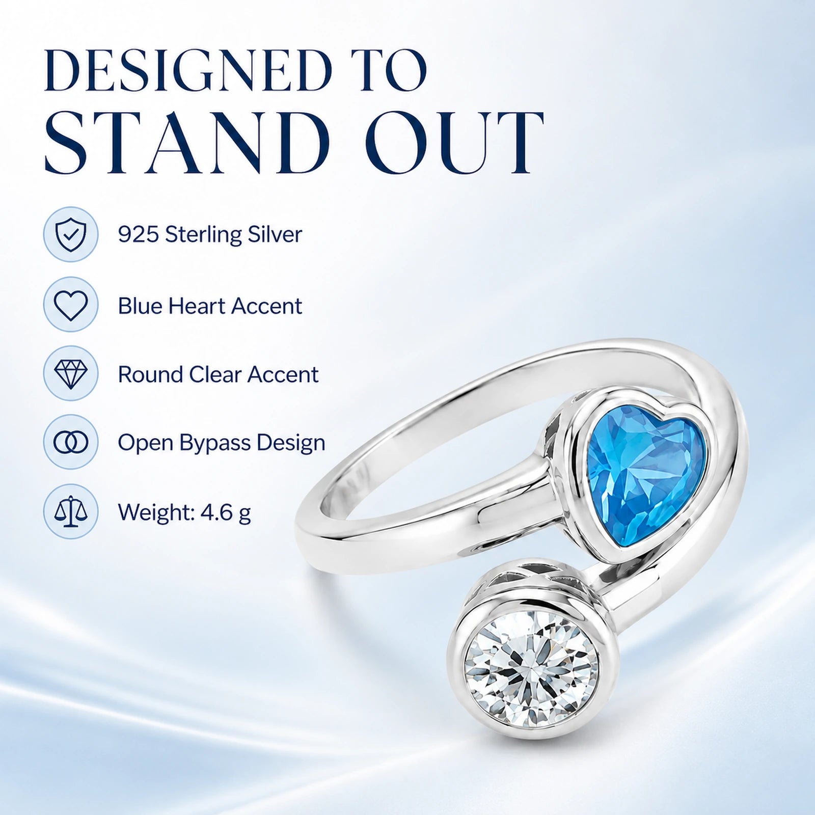 Blue heart 925 sterling silver bypass ring verified features graphic