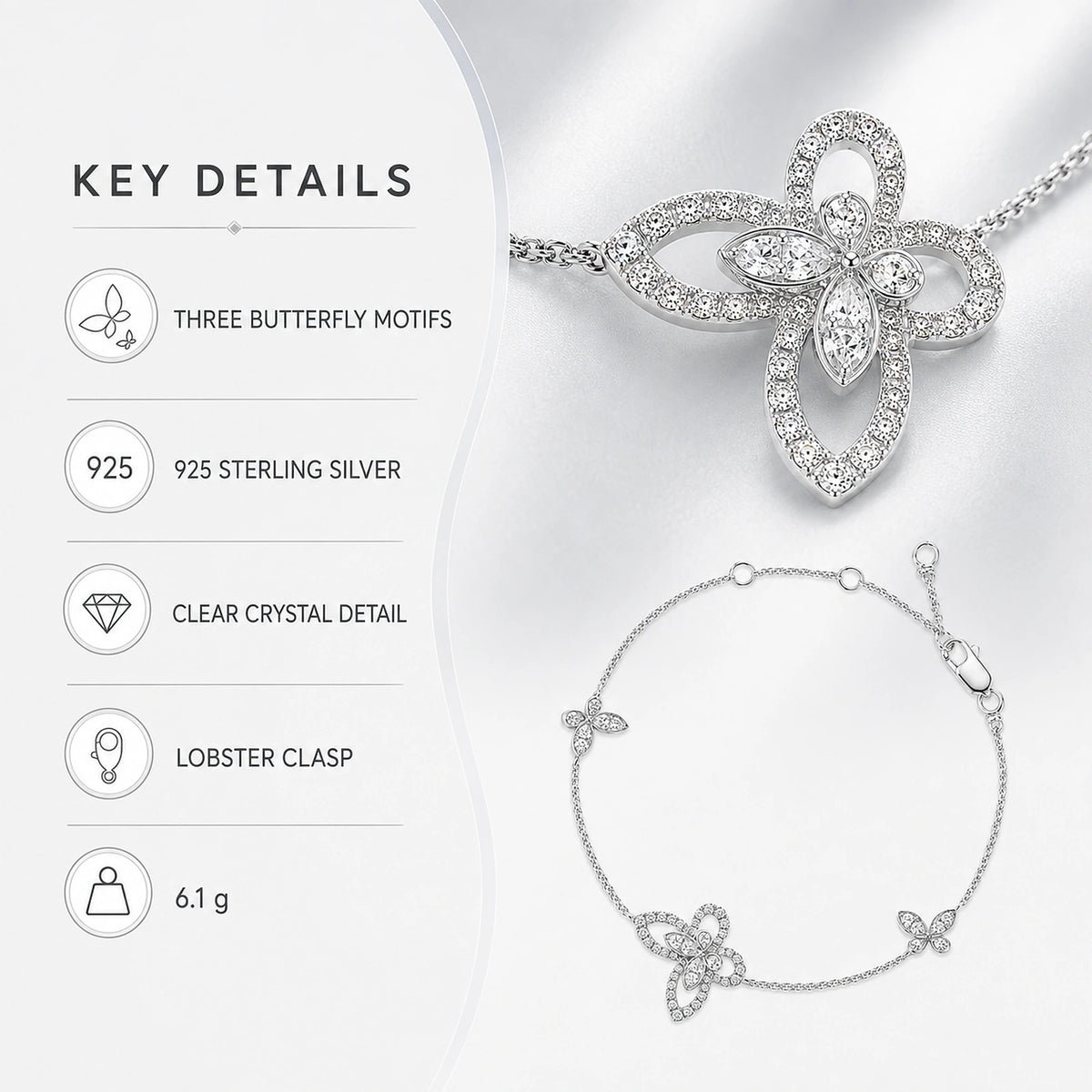 Crystal butterfly bracelet key details including 925 silver and 6.1 g weight