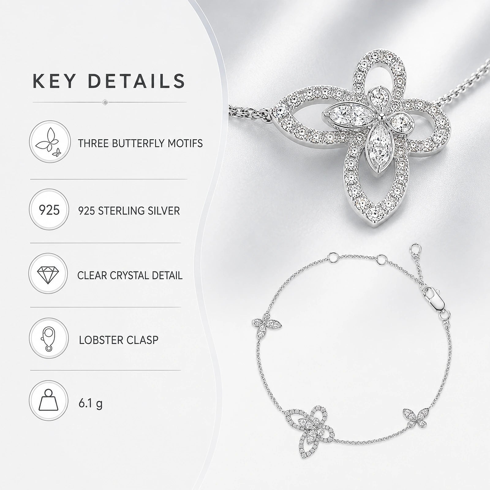 Crystal butterfly bracelet key details including 925 silver and 6.1 g weight