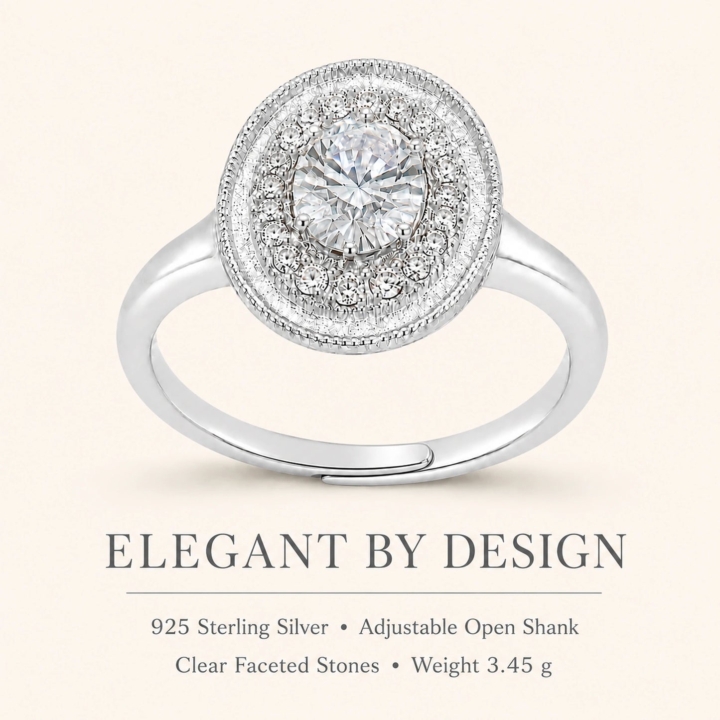 Oval halo silver ring graphic highlighting 925 silver, adjustable fit and 3.45 g weight