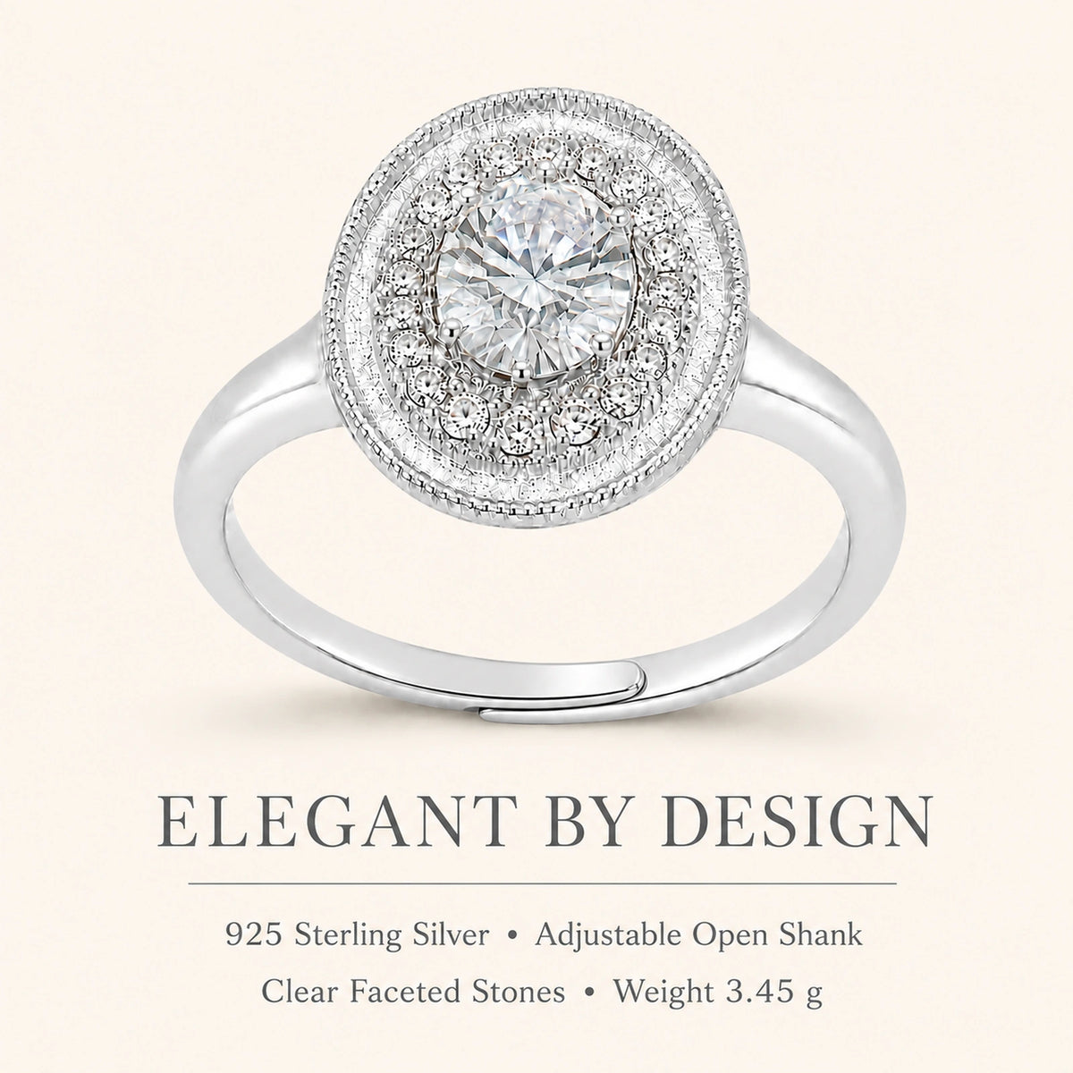 Oval halo silver ring graphic highlighting 925 silver, adjustable fit and 3.45 g weight