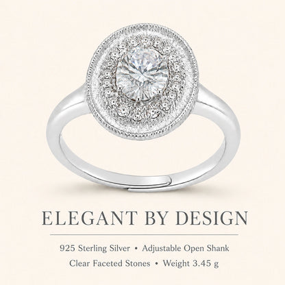 Oval halo silver ring graphic highlighting 925 silver, adjustable fit and 3.45 g weight